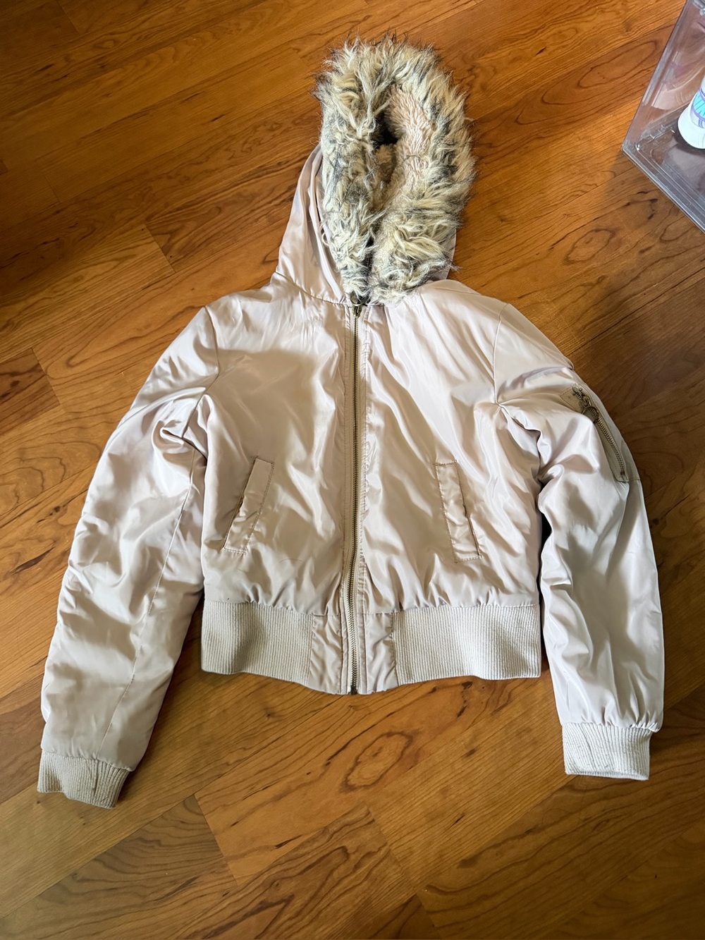 New Look Beige Hooded Bomber Jacket with Faux Fur Trim